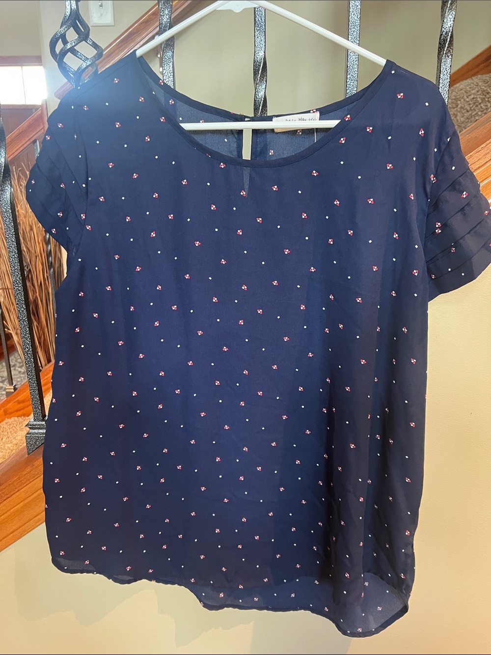 Relaxed Navy Short-Sleeve Blouse with Pink Dot Print